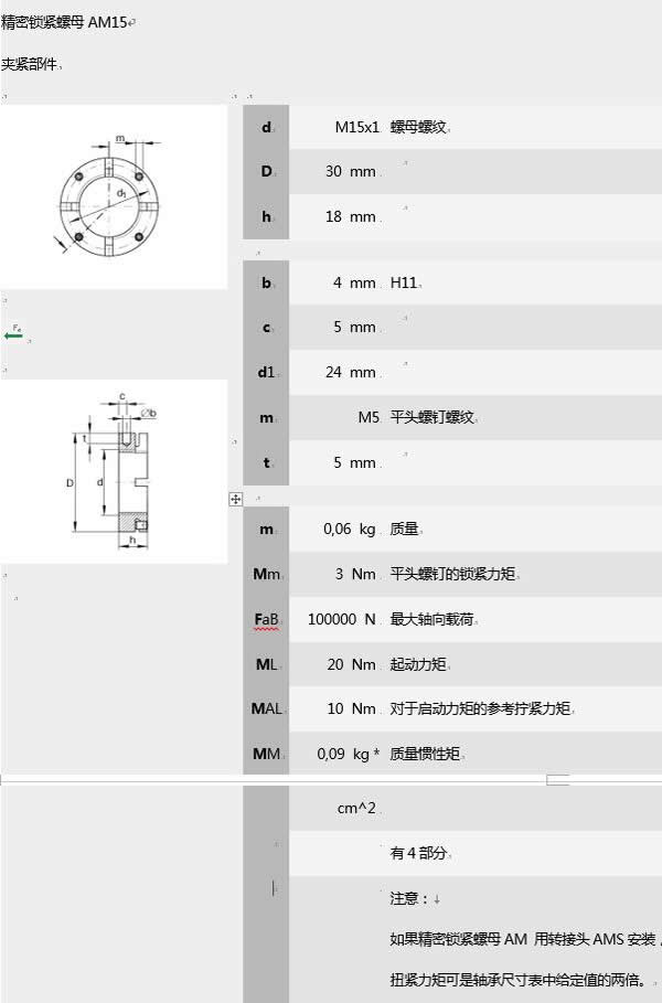 精密鎖緊螺母AM15參數(shù)表